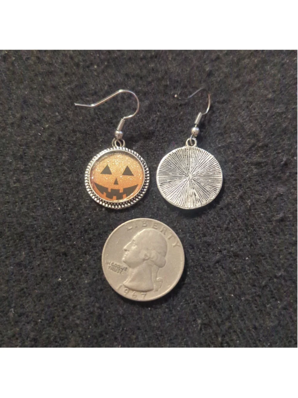 Silver Tone Orange Glitter Halloween Jack-O-Lantern Dainty Statement Earrings